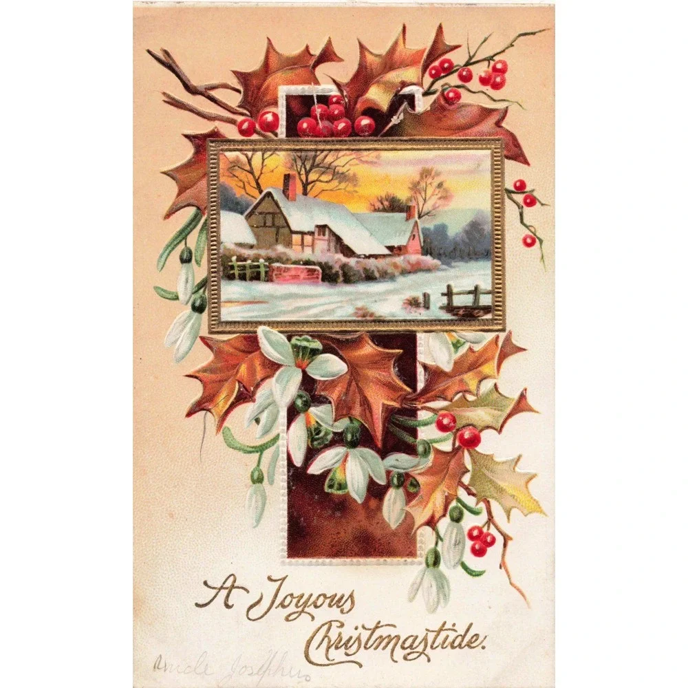 Vtg Embossed Christmas Postcard Snowy Cottage Cross Holly Germany Series 1053